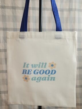 Inspirational White Canvas Tote with Blue Handles